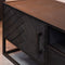 zwart tv meubel, visgraat motief, mangohout, staal onderstel, detail