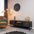 zwart tv meubel, visgraat motief, mangohout, staal onderstel, sfeerfoto, gouden decoraties