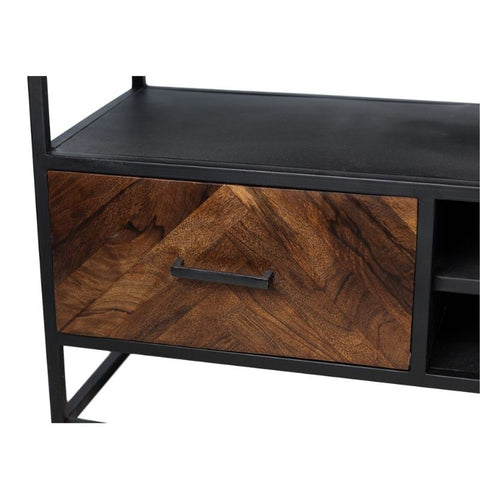 bruin tv meubel,, visgraat motief, acaciahout, staal onderstel, detail